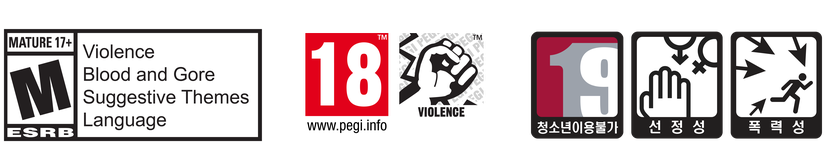 ESRB rating: Mature 17+ - Violence, Blood and Gore, Suggestive Themes, Language. PEGI rating: 18 - Violence. GRAC rating: 19 - Not for youth; Sexuality, Violence.